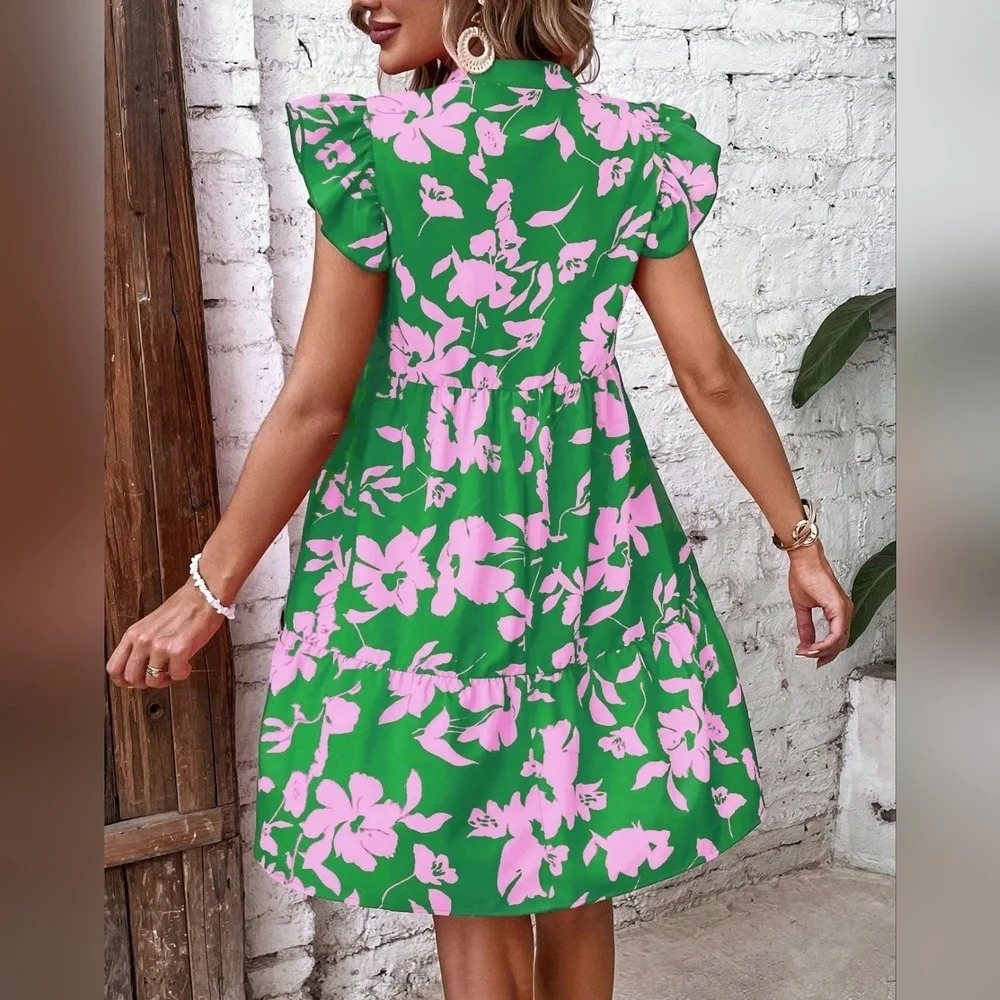 Floral Print Notched Neck Ruffle Trim Smock Dress - Picture 3 of 5